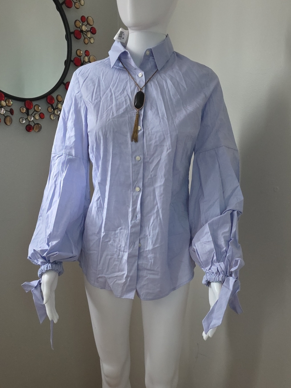 BANANA REPUBLIC Riley Poplin Shirt Light Blue Puff Sleeve Tie Cuff Button Down 4
